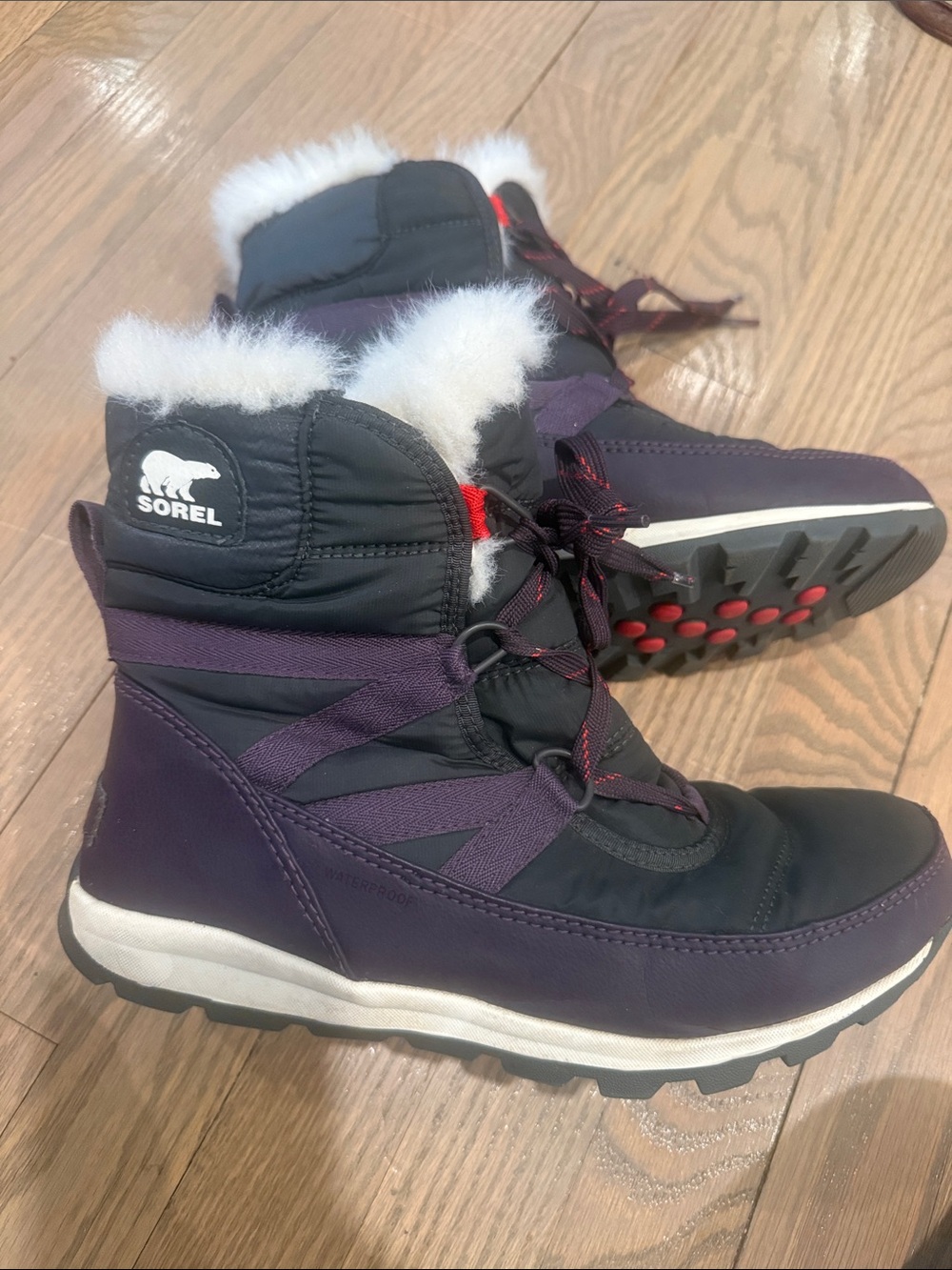 Sorel Women's Whitney Purple and Black Winter Boots with White Faux Fur